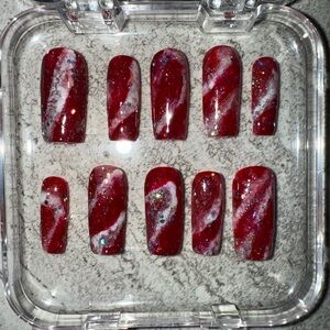 Red and White Swirl Press-On Nails